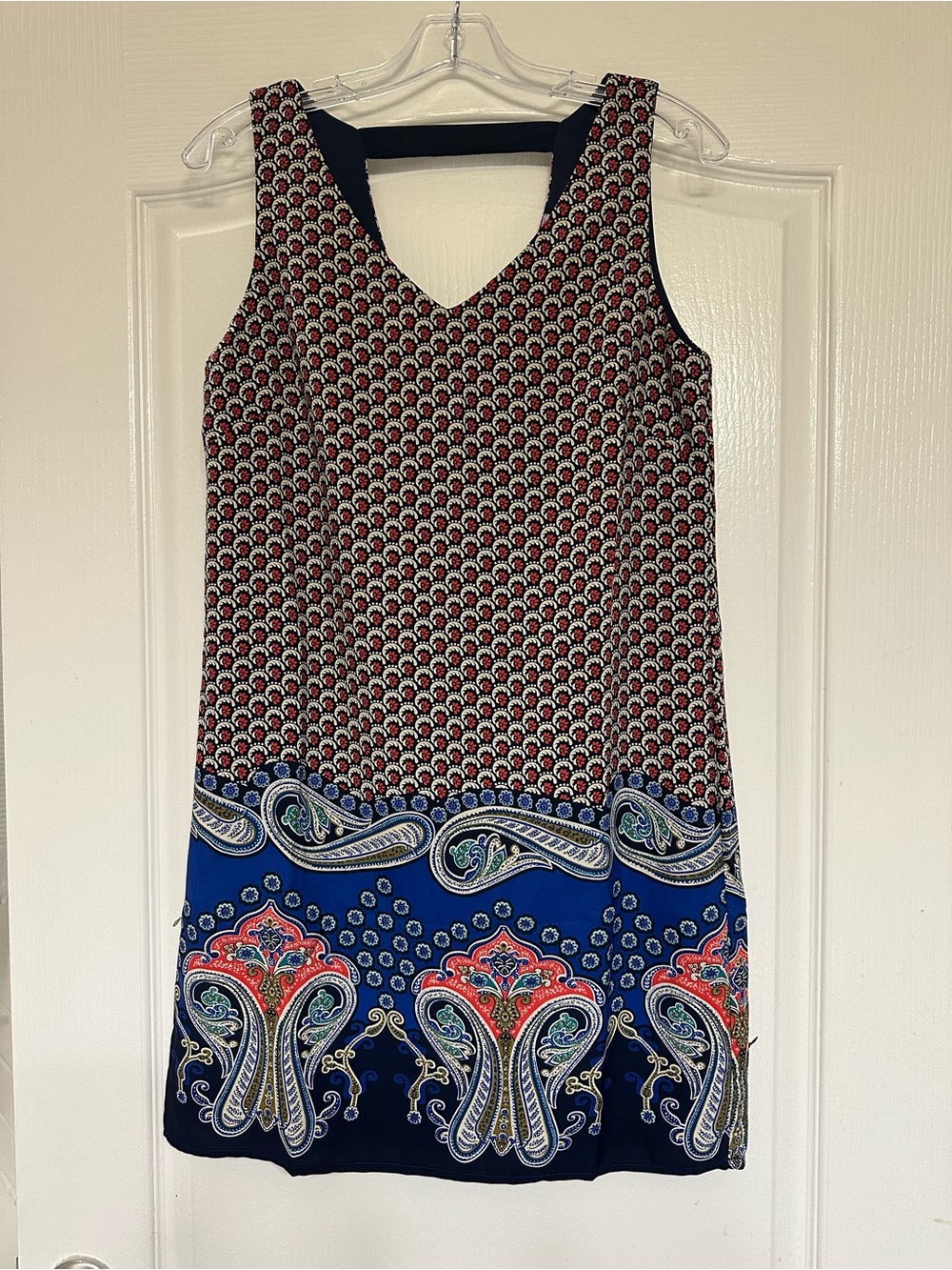 alya Navy Paisley Border Print Shift Dress Small Made in USA Boho